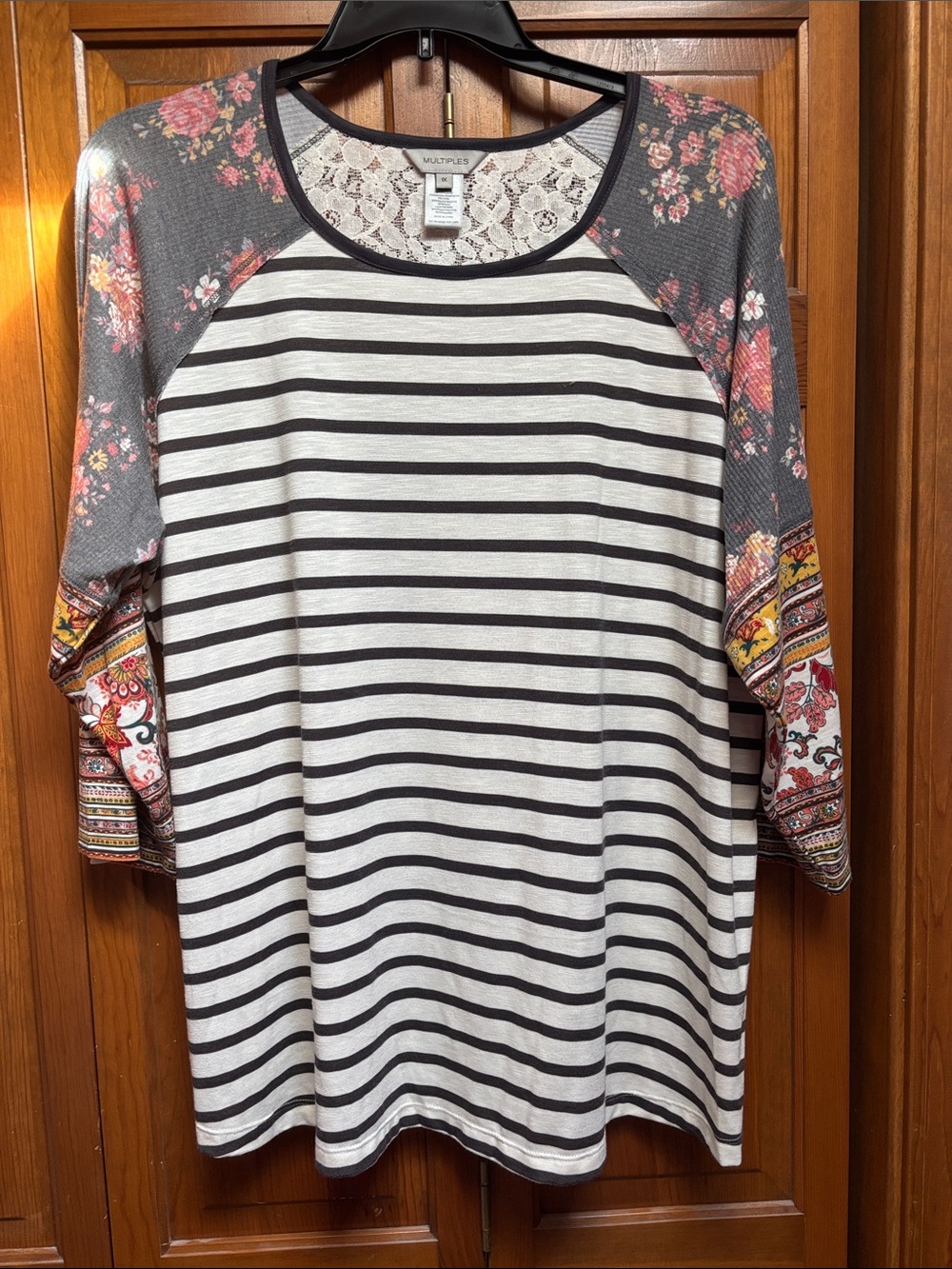 Multiples Black & White Striped Raglan Top with Floral and Paisley Sleeves